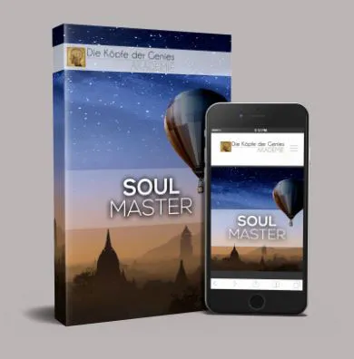Kursbox und Smartphone mit dem Soul Master Kurs von Maxim Mankevich und einem Heißluftballon vor Sternenhimmel