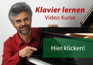Franz Titscher im roten Hemd am Flügel im Banner Klavier lernen Video Kurse