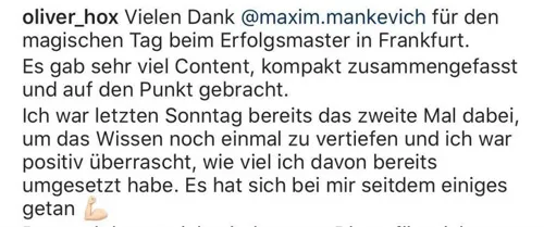 Instagram-Kommentar von oliver_hox über den Erfolgsmaster von Maxim Mankevich in Frankfurt