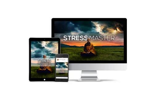 Stress Master Kurs von Maxim Mankevich mit meditierendem Mönch auf Monitor, Tablet und Smartphone
