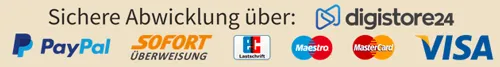 Hinweis auf sichere Abwicklung über Digistore24 mit PayPal, Sofortüberweisung, Lastschrift, Maestro, Mastercard und Visa