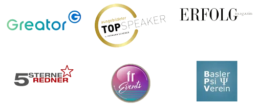 Logos von Greator, Top Speaker, Erfolg Magazin, 5 Sterne Redner, fr Events und Basler Psi Verein, aus denen Maxim Mankevich bekannt ist