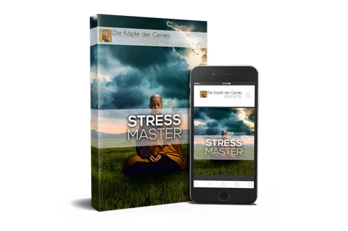 Kursbox und Smartphone des Stress Master mit einem meditierenden Mönch