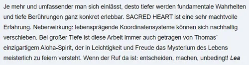 Screenshot einer Kundenstimme von Lea über ihre Erfahrung mit SACRED HEART von Thomas Young