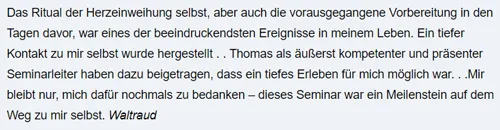 Screenshot einer Kundenstimme von Waltraud über das Ritual der Herzeinweihung bei Thomas Young