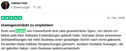 Fünf-Sterne-Bewertung von Helmut Tietz: Sven und Tommy von Converttools uneingeschränkt zu empfehlen