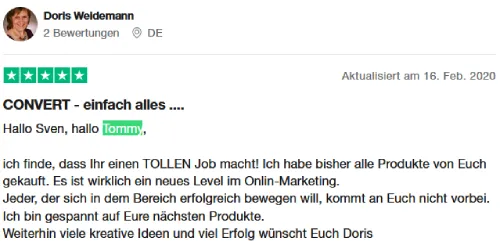 Fünf-Sterne-Bewertung von Doris Weidemann an Sven und Tommy: Convert einfach alles