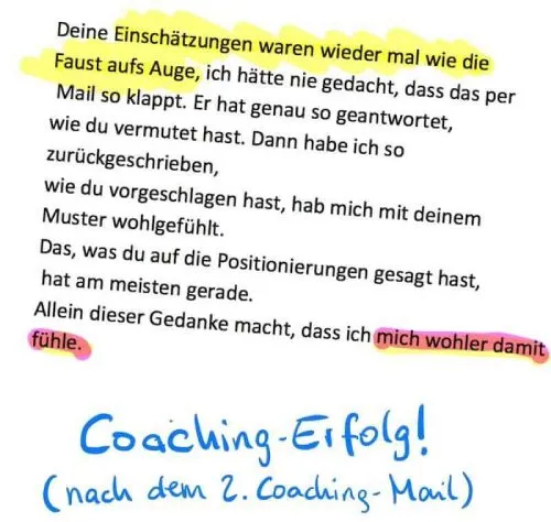Kundennachricht über ein erfolgreiches Coaching bei Szenario-Zwei nach der zweiten Coaching-Mail