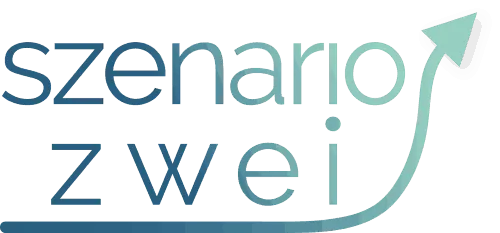 Logo von Szenario-Zwei in Blau mit grünem Pfeil