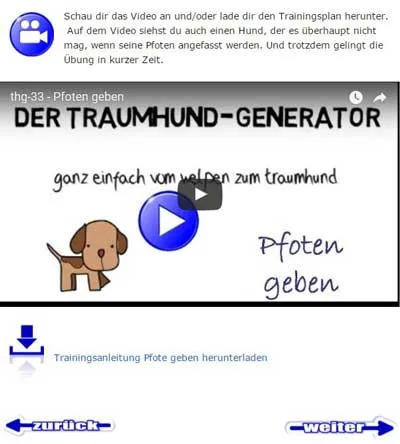 Lektion Pfoten geben mit Video, Trainingsanleitung zum Herunterladen und Navigation im Traumhund Generator