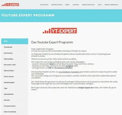 Screenshot des Textmoduls im YouTube Expert Programm mit der Lektionsübersicht
