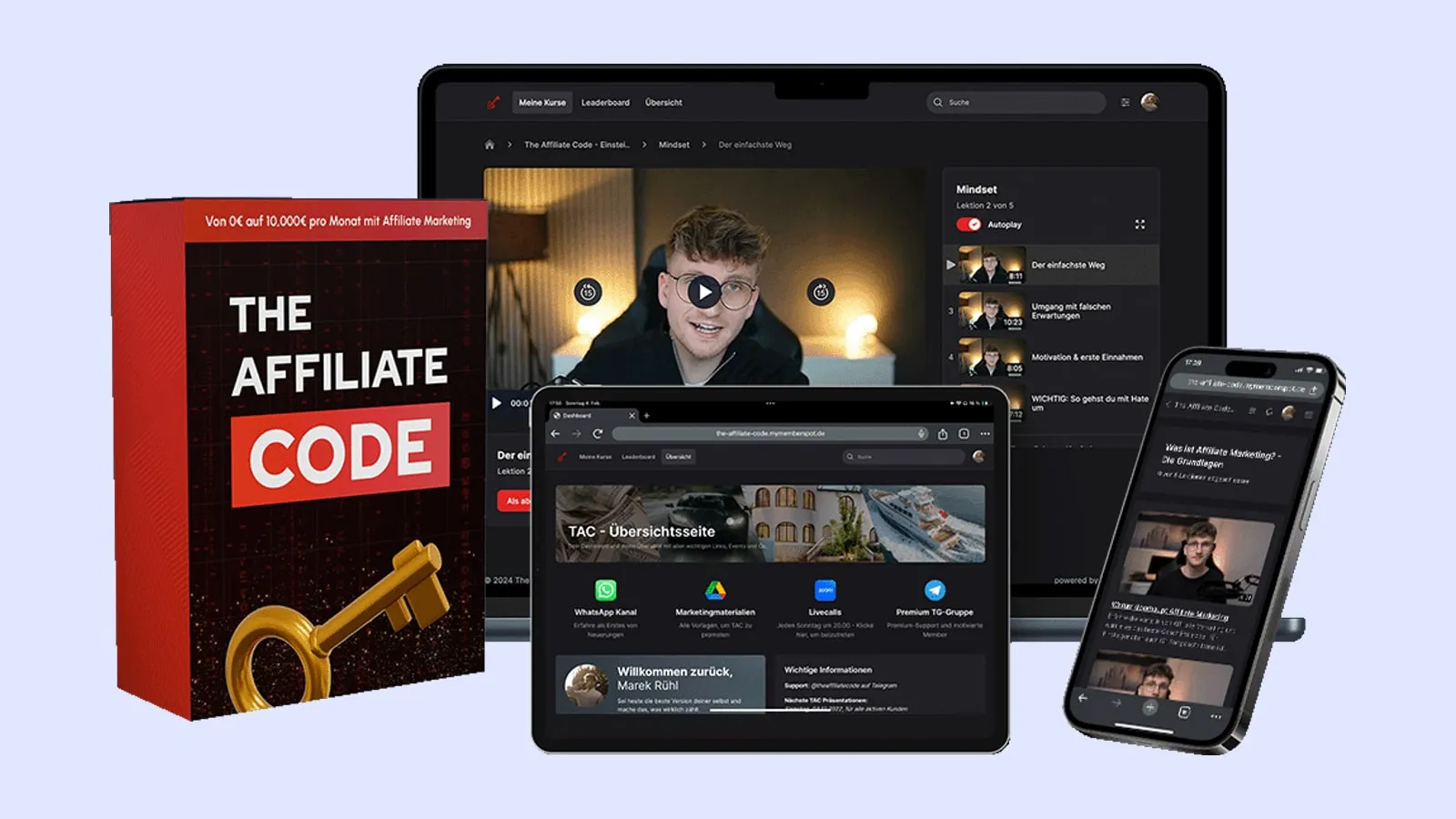 Kursmockup von The Affiliate Code 3.0 mit Laptop, Tablet und Smartphone auf ruhigem Hintergrund