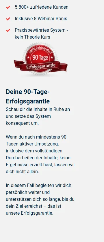 Seitenleiste des Bestellformulars von The Affiliate Code 3.0 mit dem Siegel 90 Tage Erfolgsgarantie und dem Garantietext