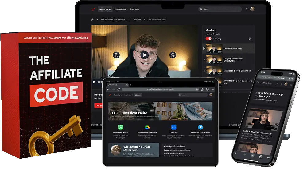 Kursmockup von The Affiliate Code mit Laptop, Tablet und Smartphone