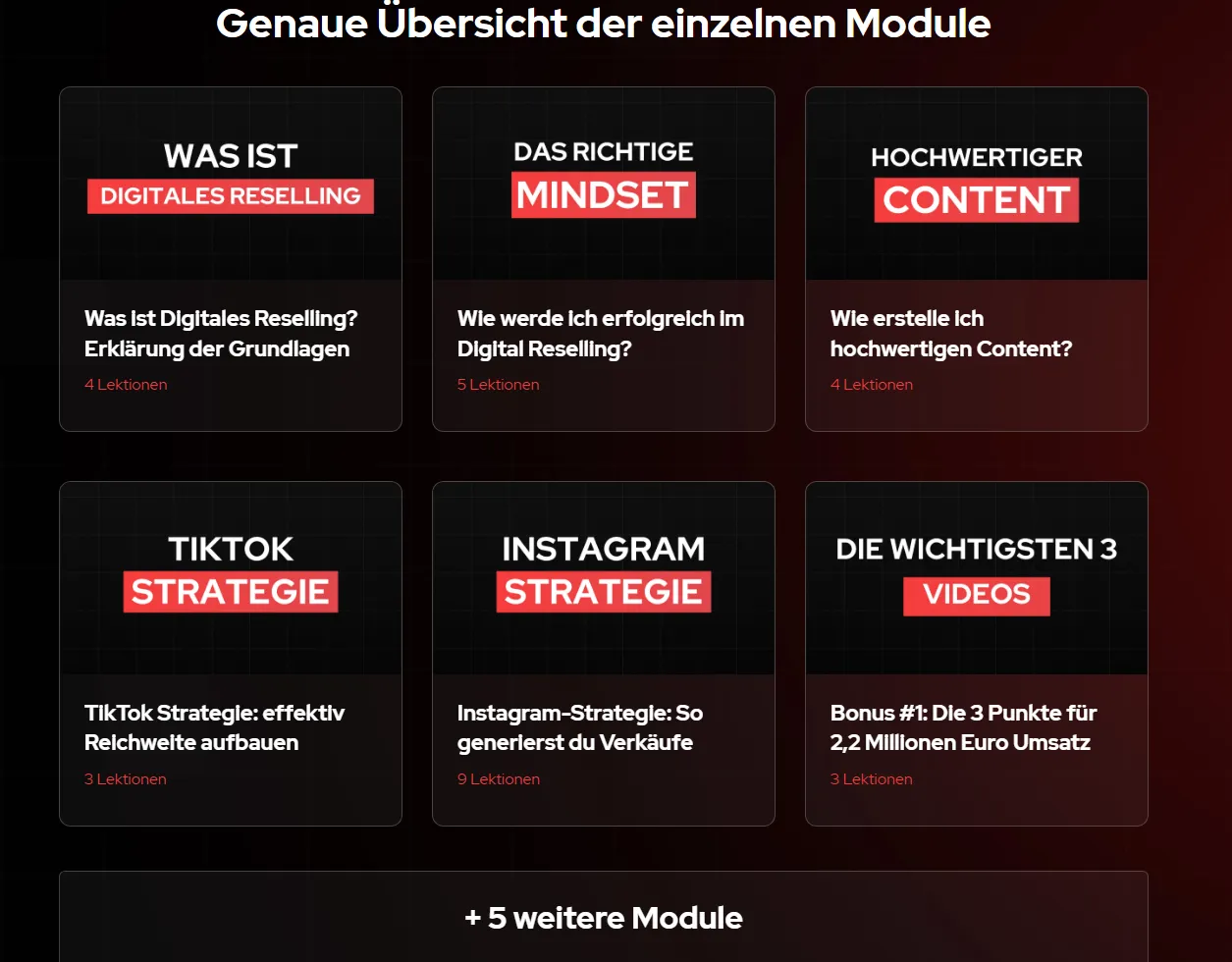 Auszug aus der Modulübersicht von The Affiliate Code auf der Kursseite mit Modulkacheln und Lektionszahlen