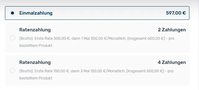 Zahlungspläne im Bestellformular von THE C.O.D.E.: Einmalzahlung 597 Euro, Ratenzahlung in 2 oder 4 Raten