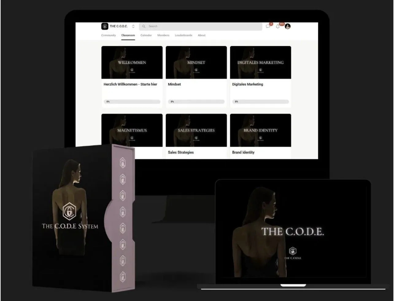 Produktbild von THE C.O.D.E. mit Kursbox, Laptop und der Kursübersicht in der Skool-Community