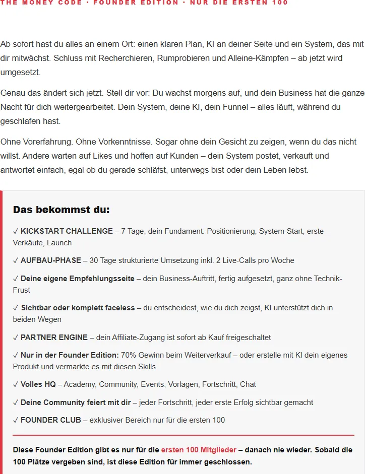 Bestellformular von The Money Code mit der Liste der neun Bestandteile der Founder Edition