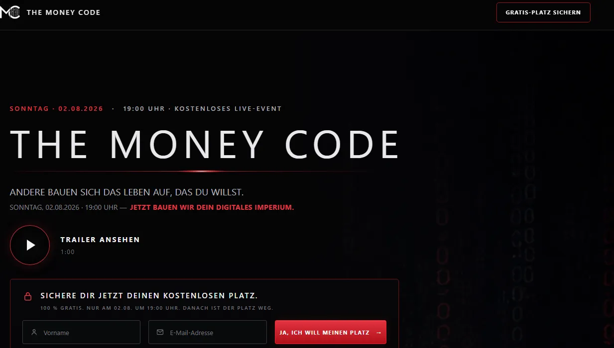 Kopfbereich der Kursseite von The Money Code mit Logo, Titel und Hinweis auf das Live-Event