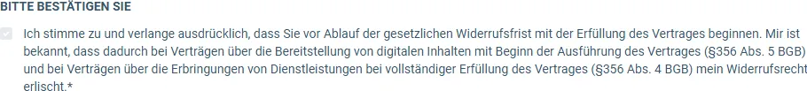 Häkchen im Bestellformular von The Money Code mit dem Wortlaut zum Erlöschen des Widerrufsrechts
