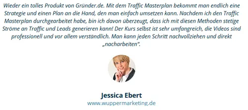 Kundenstimme von Jessica Ebert zum Traffic Masterplan von Gründer.de