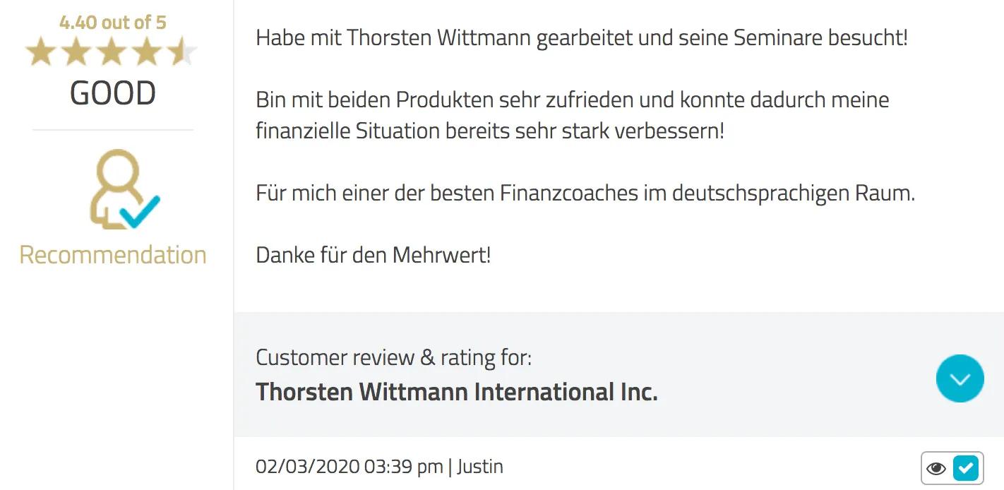 Kundenbewertung von Justin mit 4,40 von 5 Sternen: finanzielle Situation dank Thorsten Wittmann stark verbessert