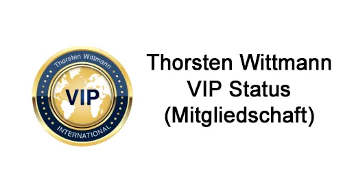 Goldenes VIP-International-Siegel von Thorsten Wittmann neben dem Schriftzug Thorsten Wittmann VIP Status (Mitgliedschaft)