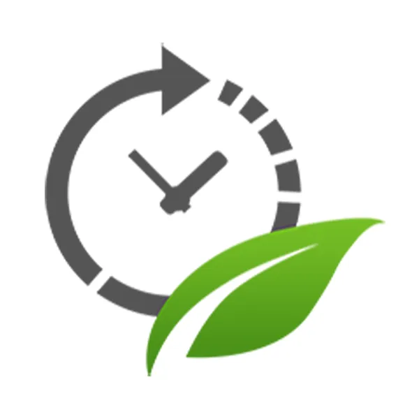 Logo des WordPress-Countdown-Plugins Thrive Ultimatum: Uhr mit Pfeil und grünem Blatt