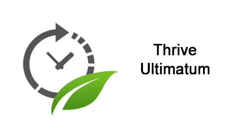 Logo von Thrive Ultimatum mit Uhr, Pfeil und grünem Blatt neben dem Schriftzug Thrive Ultimatum