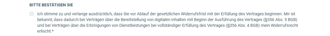 Text zum Widerrufsrecht unter der Überschrift Bitte bestätigen Sie im Bestellformular von TikFluencer