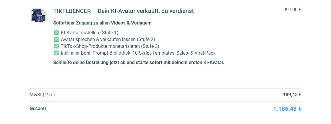 Bestellformular von TikFluencer mit 997 Euro Kurspreis, 189,43 Euro Mehrwertsteuer und 1.186,43 Euro Gesamtpreis