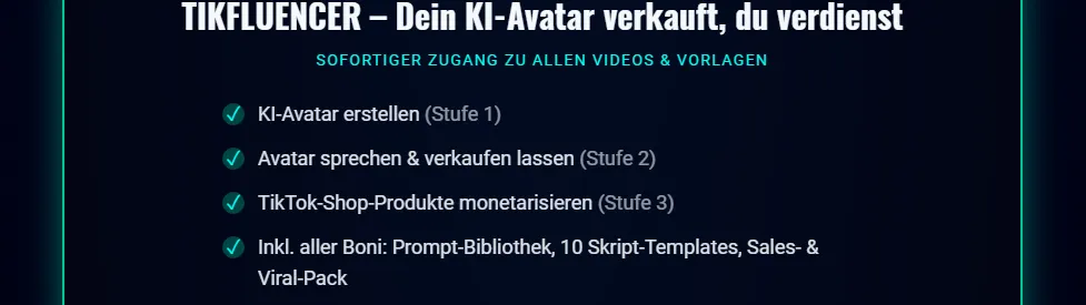 Die drei Stufen und Boni von TikFluencer auf der Kursseite: Avatar erstellen, sprechen und verkaufen lassen, TikTok-Shop-Produkte