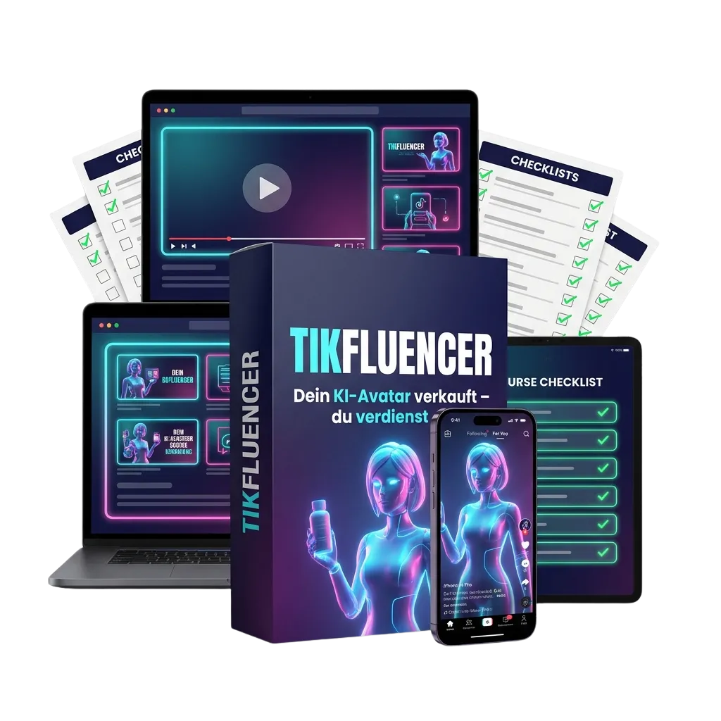 Produktpaket von TikFluencer mit Kursbox, Laptop, Tablet, Smartphone und Checklisten
