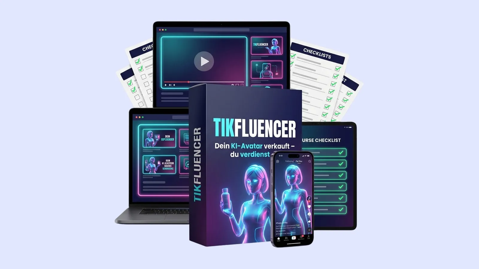 Produktpaket von TikFluencer mit Laptop, Tablet, Smartphone, Checklisten und Kursbox mit KI-Avatar