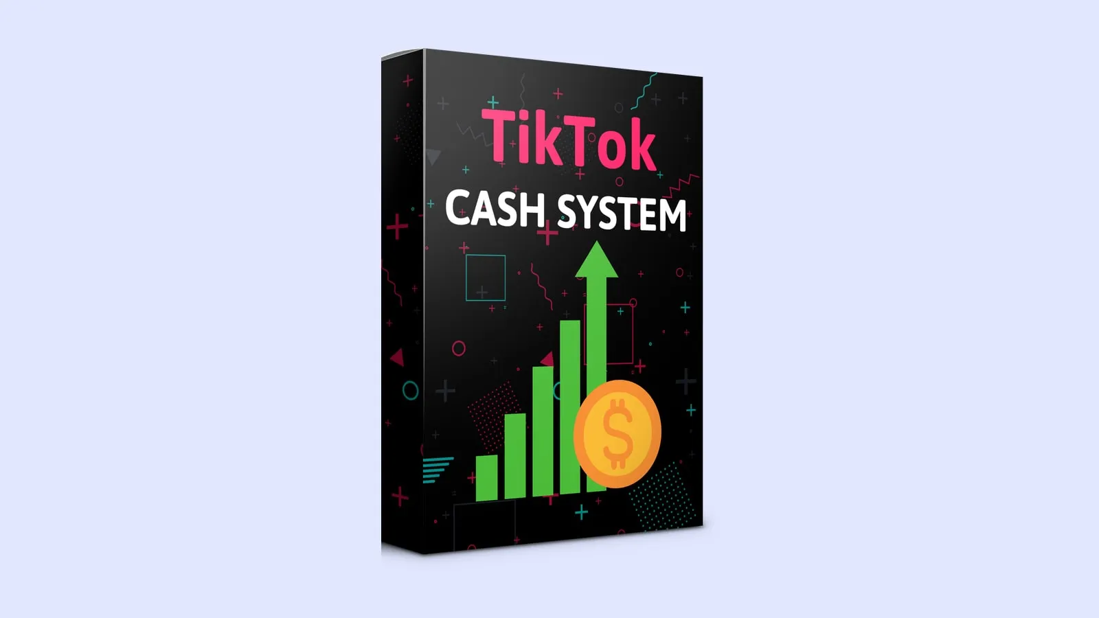 Schwarze Kursbox mit dem Schriftzug TikTok Cash System, grünen Balken und einer Dollar-Münze