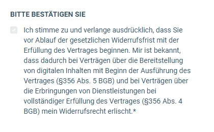 Pflicht-Häkchen zum Widerrufsrecht im Bestellformular des TikTok Cash Systems