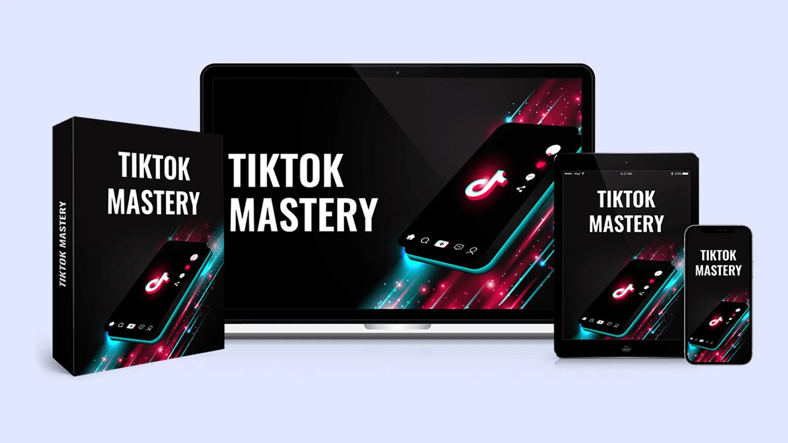 Kursbox, Laptop, Tablet und Smartphone mit dem Schriftzug TikTok Mastery und dem TikTok-Logo auf hellem Grund