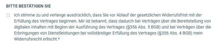 Bestätigungstext im Bestellformular der TikTok Masterclass zum vorzeitigen Vertragsbeginn und zum Erlöschen des Widerrufsrechts