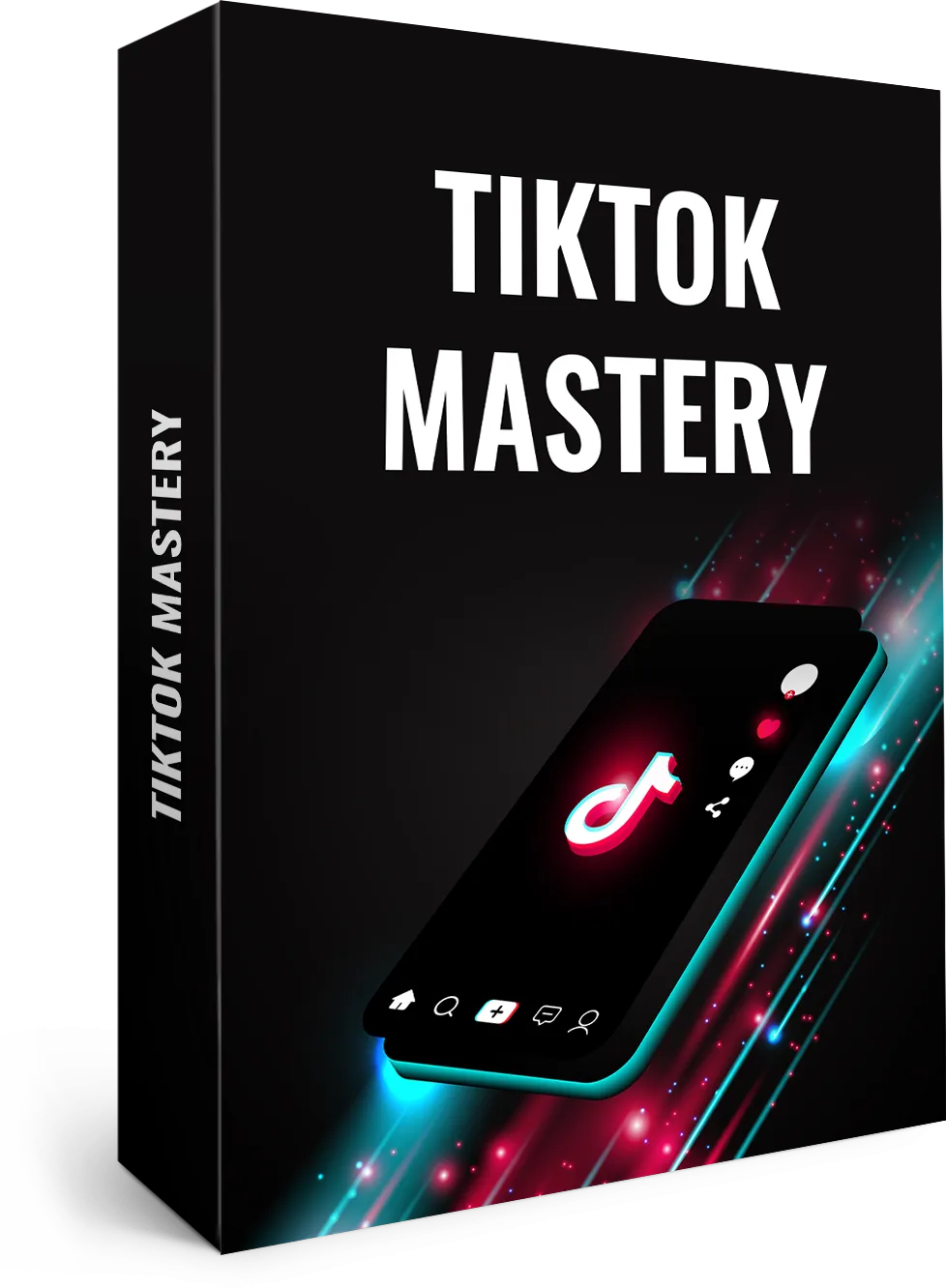 Schwarze Kursbox mit dem Schriftzug TikTok Mastery und einem Smartphone mit TikTok-Logo