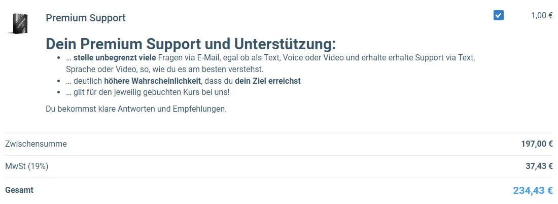 Ausschnitt aus dem Bestellformular: Premium Support für 1,00 Euro, Mehrwertsteuer 37,43 Euro und Gesamtbetrag 234,43 Euro