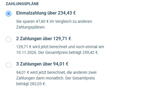 Zahlungspläne im Bestellformular der TikTok Masterclass: Einmalzahlung über 234,43 Euro, 2 Zahlungen über 129,71 Euro, 3 Zahlungen über 94,01 Euro