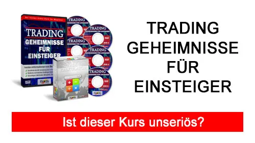 Kursbox und Schriftzug Trading Geheimnisse für Einsteiger mit der Frage: Ist dieser Kurs unseriös?