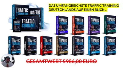 Übersicht aller Kursboxen des Traffic Tsunami mit dem Hinweis auf den Gesamtwert des Trainings