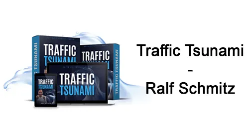 Kursboxen, Tablet und Smartphone des Traffic Tsunami mit dem Schriftzug Traffic Tsunami – Ralf Schmitz