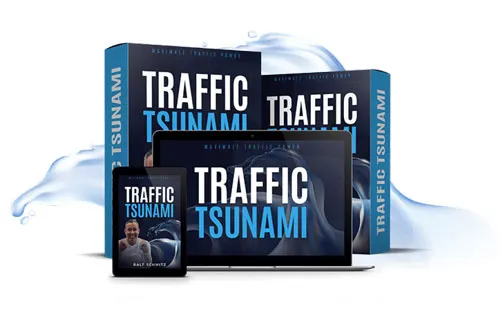 Kursboxen des Traffic Tsunami von Ralf Schmitz vor Laptop, Tablet und Smartphone