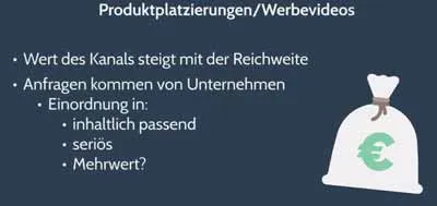 Folie Produktplatzierungen und Werbevideos aus dem Modul Geld verdienen im Tutorialcenter YouTube Kurs