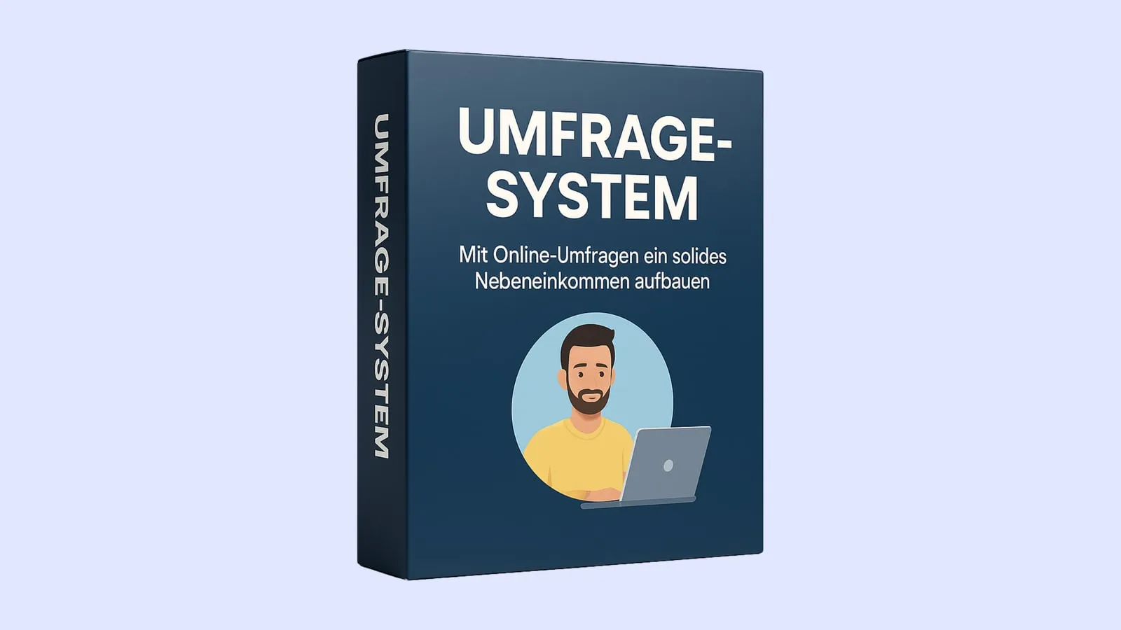Kursbox des Online-Umfragen Systems mit einem gezeichneten Mann am Laptop und dem Schriftzug Umfrage-System