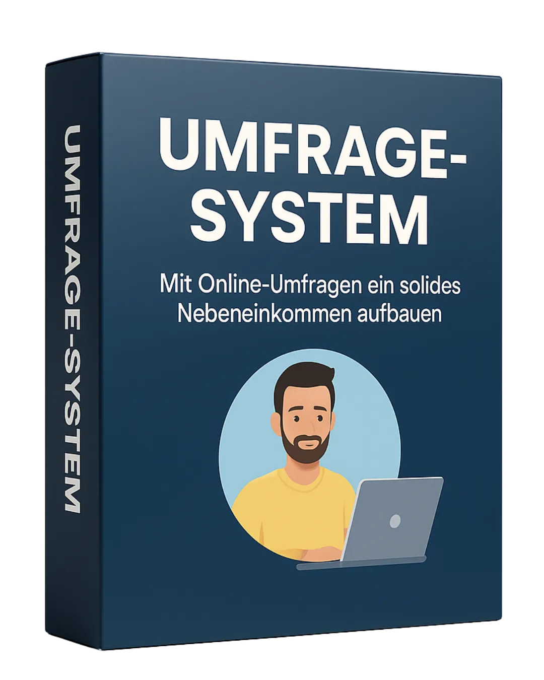 Kursbox des Online-Umfragen Systems von Cyril Obeng mit gezeichnetem Mann am Laptop