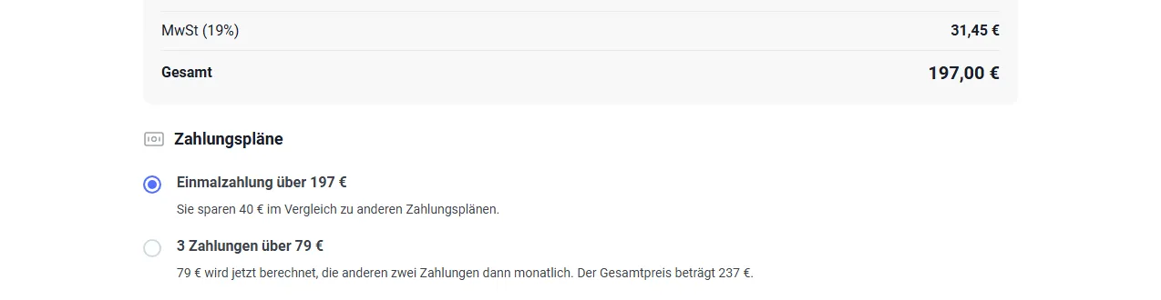 Preisübersicht des Online-Umfragen Systems mit 197 Euro Gesamtpreis und zwei Zahlungsplänen