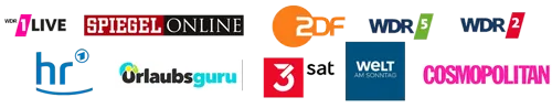 Logos von Medien wie 1LIVE, Spiegel Online, ZDF, WDR, hr, Urlaubsguru, 3sat, Welt und Cosmopolitan